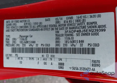 2014 Ford Fiesta Se z USA, uszkodzony, nr VIN 3FADP4BJ5EM239399